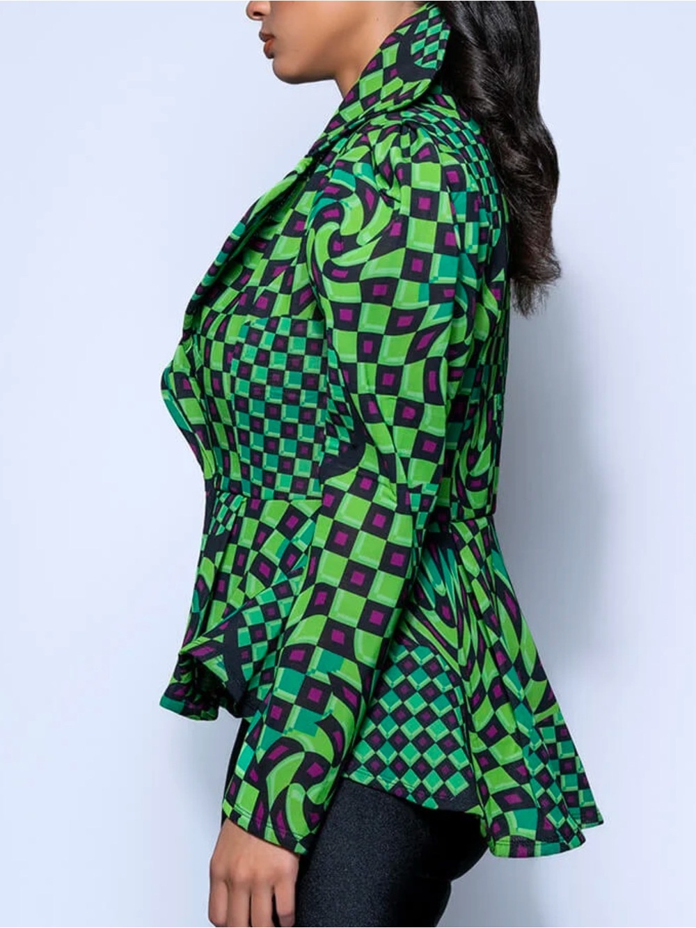 CQ by CQ Optical Checkered Green Puff-Sleeve Peplum Blazer size L Bold Artsy - Picture 5 of 13